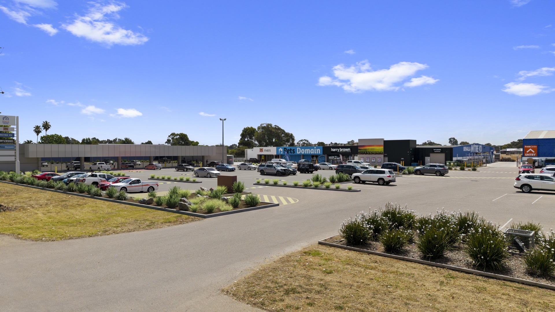 Benalla Homemaker Centre — retail precinct and car park viewed from the entrance
